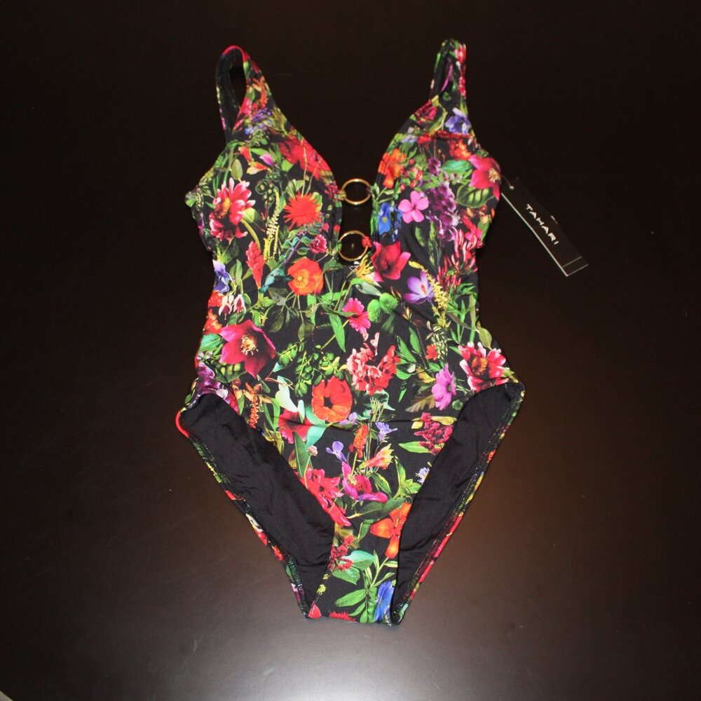 Women's XL Tahari Plunge Neck Floral One Piece Swim/Bathingsuit NWT